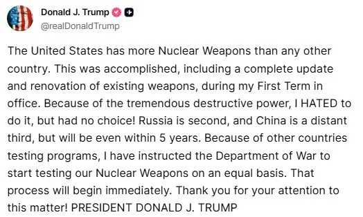 ABD Başkanı Trump’tan Çin Devlet Başkanı Xi görüşmesi öncesinde ABD Savunma Bakanlığı’na nükleer silah denemesi talimatı
