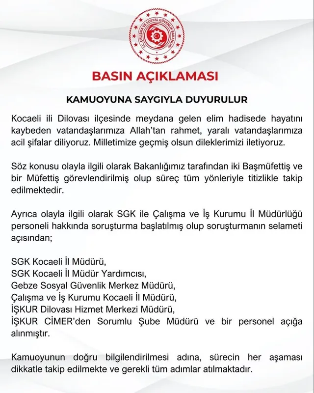 Çalışma ve Sosyal Güvenlik Bakanlığı Kocaeli’ndeki yangına ilişkin 7 kişiyi açığa aldı
