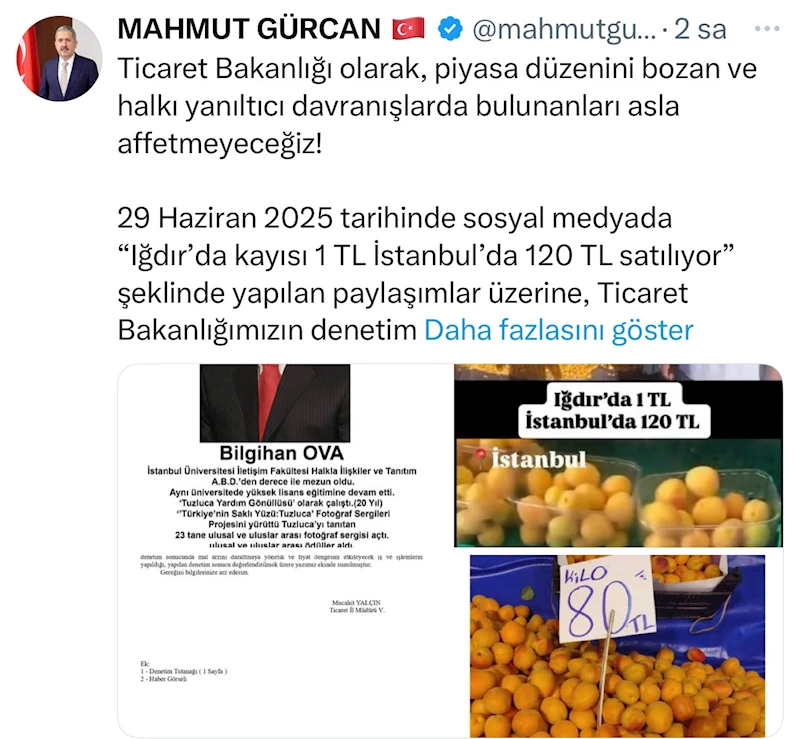 ’Iğdır’da kayısı 1 TL, İstanbul’da 120 TL’ paylaşımına 