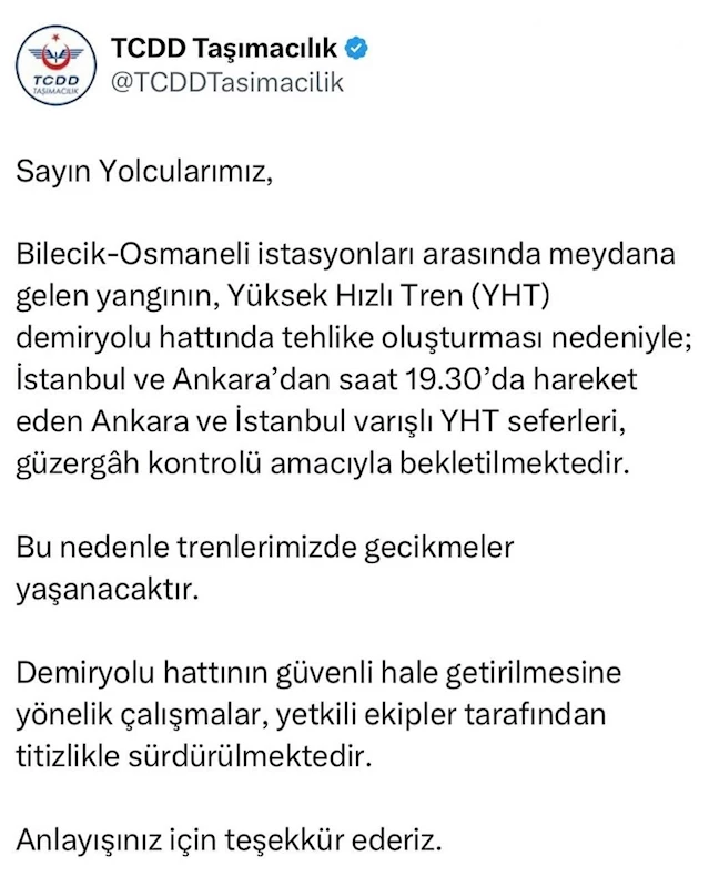 Bllecik’teki orman yangını hızlı tren seferlerini olumsuz etkiledi
